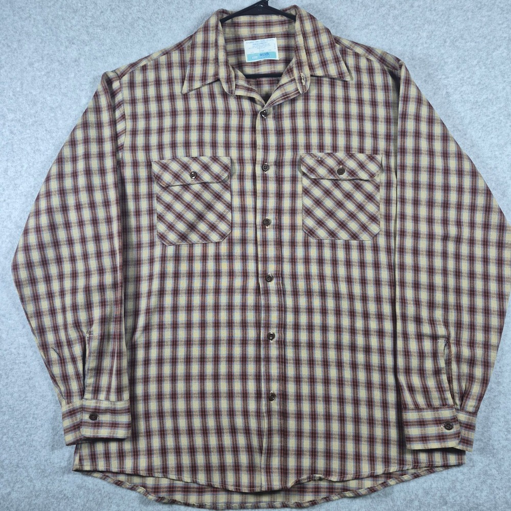 Vintage 70s Sears Work Leisure Shirt Mens XLT Tan Plaid Perma-Prest Made in USA